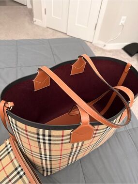 Burberry Beige Plaid Tote with Brown Leather Trim and Burgundy Interior